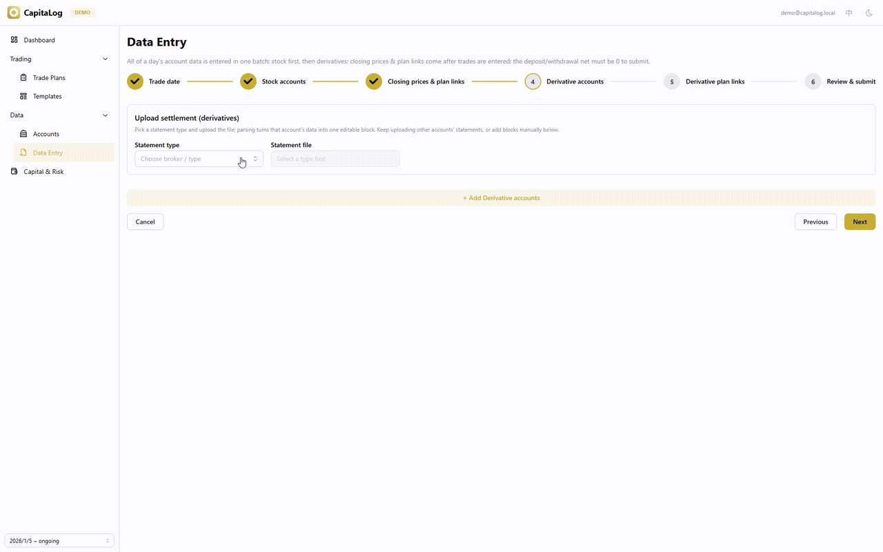 Uploading a broker statement, reviewing the parsed data and previewing the resulting snapshots